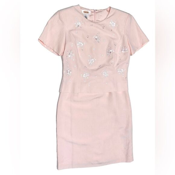 Talbots Silk Linen Floral Pink Mini Dress Short Sleeve Attached Skirt Set Formal - Picture 2 of 14